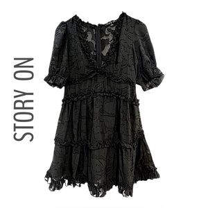STORY ON Black Sheer Lace V Neck Puff Short Sleeve Dress SZ SM